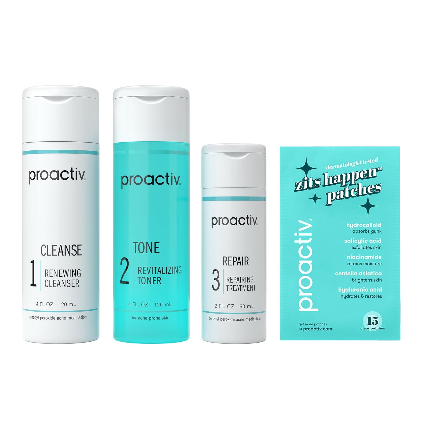Proactiv 3 Step Acne Treatment w/ Pimple Patches - Benzoyl Peroxide Face Wash, Repairing Acne Spot Treatment for Face and Body, Exfoliating Toner - 90 Day Complete Acne Skin Care Kit + Pimple Patches
